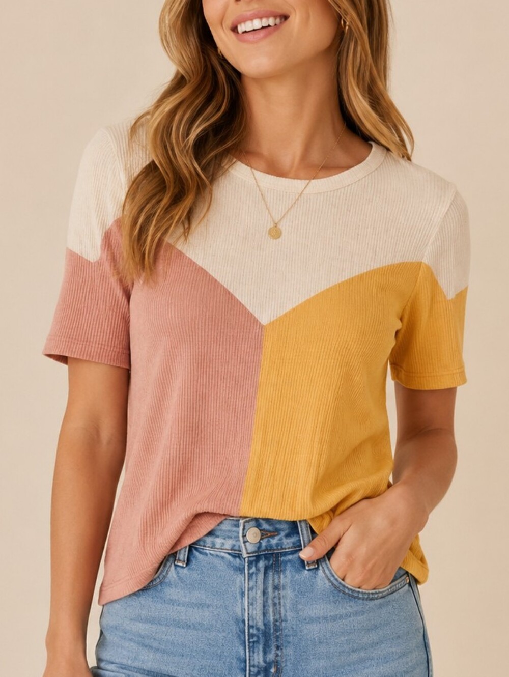 BiBi Pastel Chevron Colorblock Ribbed Knit Tee Shirt Medium Women's Short Sleeve